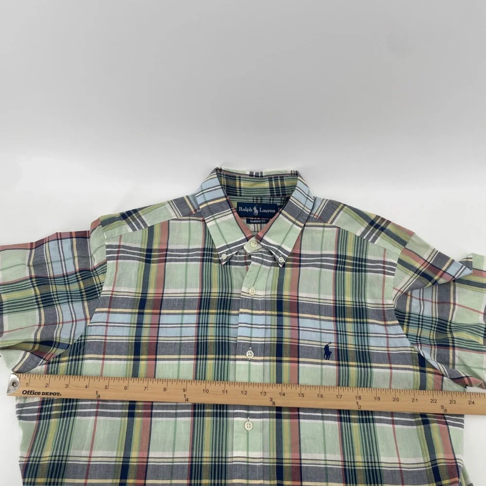 Ralph Lauren Button Down Shirt Mens L Green Plaid Short Sleeve Classic Fit Pony